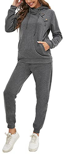 JENJON Tuta da Ginnastica Donna Completa da Due Pezzi a Maniche Lunghe con Cappuccio + Pantaloni Casual Autunno Inverno Yoga Fitness Sportive Grigio M