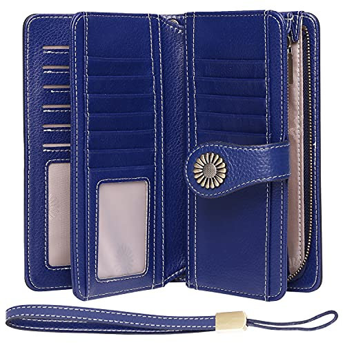 Damen-Geldbörse, Leder, großes Fassungsvermögen, Geldbörse, Reißverschluss, RFID-Brieftasche, Damen, XXL, mit 26 Kartenfächern, Geldbörsen, Scheckheft, Reißverschluss (Dunkelblau), Dunkelblau, Groß,