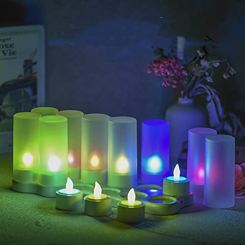 Irishom LED Kerzen Farbig 12 Stück Flammenlose Kerzen Teelichter mit Mattierten Tassen USB Wiederaufladbarer für Weihnachtsfeste Hochzeitsfeier Dekoration