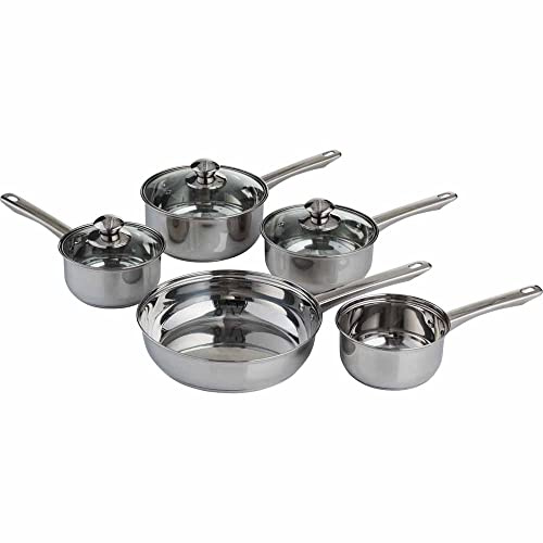 wilko 5 Piece Cookware Set - Saucepans and Frying Pan Set - Lightweight & Durable - Stainless Steel Pots & Pans Kit - with Glass Lids - Dishwasher Safe - Perfect for University