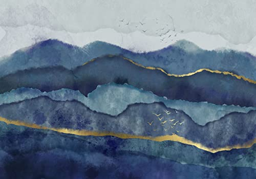 decomonkey Fototapete Abstrakt 350x256 cm Design Tapete Fototapeten Tapeten Wandtapete moderne Wand Schlafzimmer Wohnzimmer Aquarelle Stein Steinwand Modern Vögel Blau en