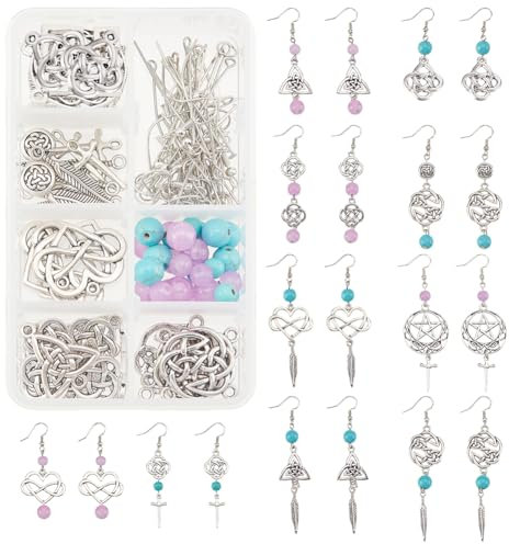 SUNNYCLUE 1 Box Zum Selbermachen von 10 Paar Knoten Mit Perlen, Ohrring-Herstellungsset, Einschließlich Herz-Unendlichkeits-Knoten-Charms, Türkis-Perlen, Jade-Perle Für Anfänger, DIY-Ohrring-Schmuckhe