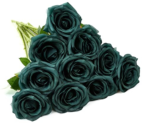 IUKnot Künstliche Rose, 10 Stück, offene Blumenstrauß, künstliche Rosenstiele für Hochzeitsarrangement, Brautstrauß, Tafelaufsatz, künstliche Kunstseide, Blumen (smaragdgrün)