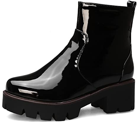 KUUTGG Women's Fashion Dressy Ankle Boots Patent Leather Round Toe Platform Zip Chunky Mid Heel Short Booties