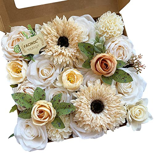 FACINOC Künstliche Rosen, weiß, Kombi-Box-Set, künstliche Blumen mit Stielen für selbstgemachte Brautschmuck, Hochzeit, Dusche, Dekorationen, künstliche Blumenarrangements für Party, Tischdekoration,