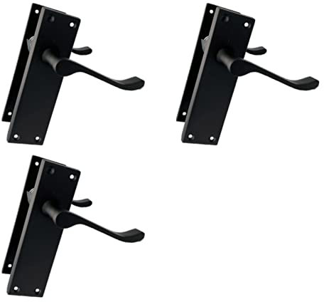 Haven Heritage Door Handle Sets Victorian Scroll Matt Black Handles Latch Lock Bathroom Privacy Long Latch Handle (150mm) x 3