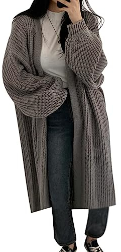 Minetom Damen Strickjacke Pullover Cardigan Langarm Oversize Frühling Winter Herbst Cardigan Lang Mantel Grobstrick Strickmantel D Grau Einheitsgröße