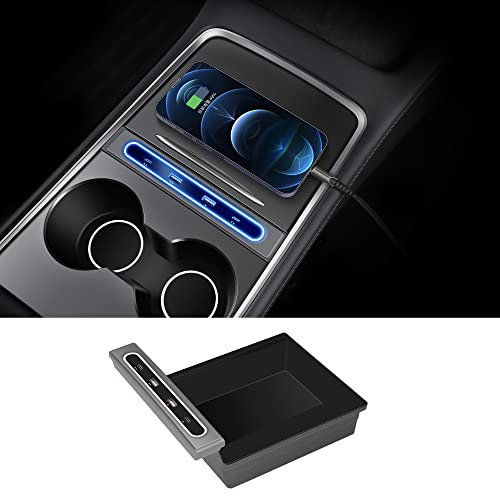 Topabyte Tesla - Hub USB LED con bandeja organizadora de consola central para modelo 3 2019-2023 y modelo Y 2020-2024, soporta carga rápida de 27 W