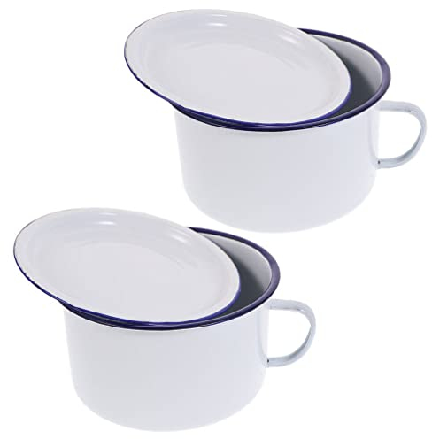 Luxshiny Enamel Noodle Bowl with Lid and Handle 1.2L - White Vintage Style Instant Soup Pasta Rice Serving Bowl Easy Clean Kitchenware