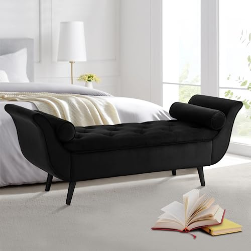 Velvet Storage Bench 65 Tufted End of Bed Ottoman with 2 Pillows (Black)