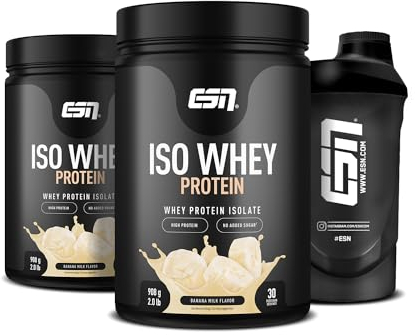 ESN Iso Whey Isolate Protein Powder, Banana Milk, 2 x 908 g with Free Shaker - Muscle Building and Recovery