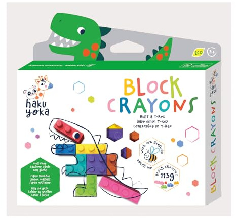 Haku Yoka 6303089 Block Wachsmalkreiden-Set, T-Rex, Wachsmalsteine in kräftigen Farben, Wachmalstifte in Klemmbaustein-Form, ohne Abfärben, für Kinder ab 3 Jahren