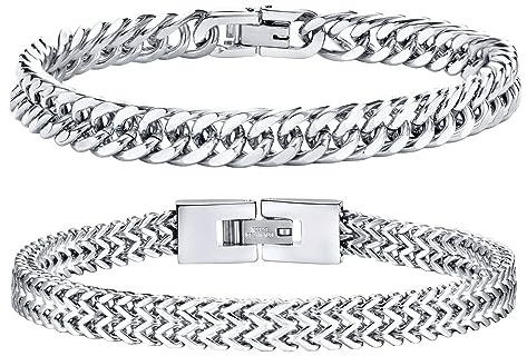 Herren Armband Edelstahl Armbänder Panzerkette - 2 Stücke Silber Herrenarmbänder für Männer Jungs Kubanische Armband 8mm Breite 23cm Länge Geschenke für Papa Sohn Bruder Ehemann Freundschaft