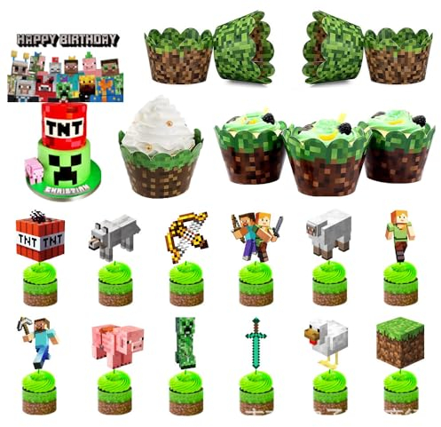 VaLbeL 25 Stück Pixel Cake Topper, Miner Game Cupcake Toppers,24 Stück Cupcake Toppers Wrappers,Papier Wrapper, für Geburtstagsfeier Geburtstag Kuchendeko