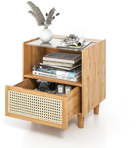 KOMFOTTEU Nachttisch mit Schublade aus Rattan & Bambus, Beistelltisch mit Beinen aus Massivholz, Nachtschrank mit Glastischplatte & offenem Fach, Nachtkommode 43x35x50cm (Natur 1 Stück)