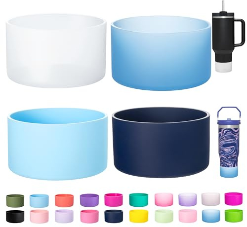 LONPARRY 4-Pack Silicone Boot for Stanley Cup Rubber Bottom Sleeve Protector for Stanley Tumbler HydroFlask Owala Car Travel Cup Bottle Bottom (Clear+Clear Blue+Dark Blue+Sky Blue)