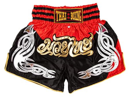 MUAY NATION Pantalones Cortos de Muay Thai para Hombres y Mujeres, Corte Ajustado, Shorts de Boxeo MMA para Entrenamiento, Ropa de Kickboxing (FR/ES, Letras, M, Regular, Regular, PRM Rojo/Negro)