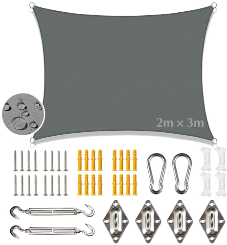 Voile d'ombrage imperméable 2 x 3 m,Voile Ombrage Rectangulaire avec Fixation Toile Ombrage,Offre Une Protection Contre Les UV,pour Patio Être Applicable Jardins, Balcon et pergola