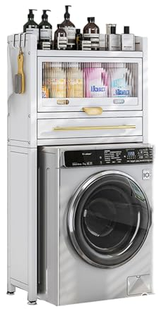 Armoire de Rangement pour Machine à Laver à Chargement Frontal avec étagères et tiroirs de Rangement Multicouches, Noir et Blanc, Salle de Bain, Balcon, Support de Rangement pour m
