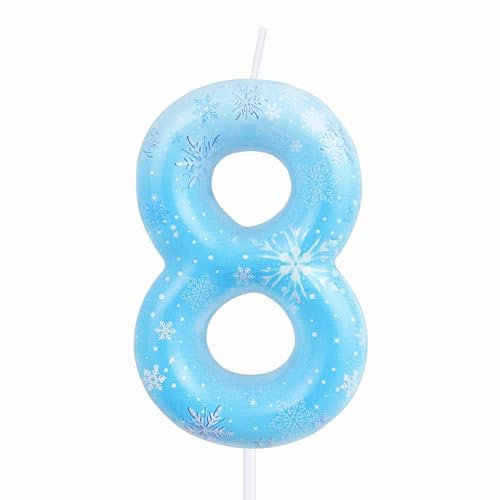 Schneeflocke Zahl Geburtstagskerzen, Blau Weiß 8 Geburtstag Kerze für Kuchen Mädchen, Frozen Nummer 8 Kerzen, Weiß Snow Candle Cake Topper für Frozen Themed Geburtstag Dekorationen Party