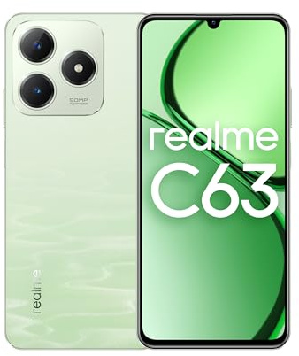 realme C63 4G (6 GB RAM, 128 GB ROM) | Cuero vegano de | Pantalla LCD IPS de 6.75 90Hz | Cámara principal de 50MP | Resistente al agua IP54 | Gestos de aire | Batería de 5000 mAh | Verde jade