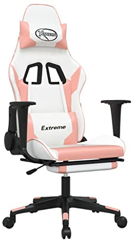 Chaise de gaming avec repose-pieds, en cuir synthétique blanc et rose, 3143708