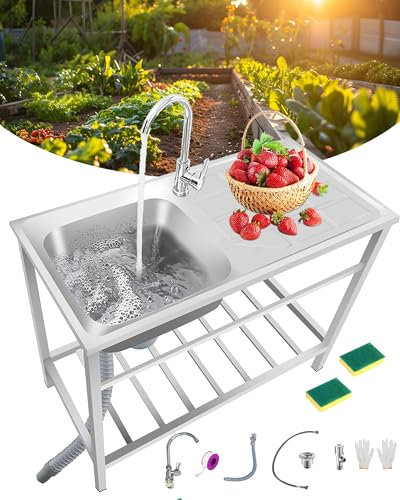 JwxSyllity Évier Utilitaire Evier Exterieur De Jardin Evier Cuisine 1 Bac INOX avec Robinet Et Brosse Éponge Éviers Commerciaux avec Banc De Travail Et Étagères De Rangement pour La Buanderie Garage