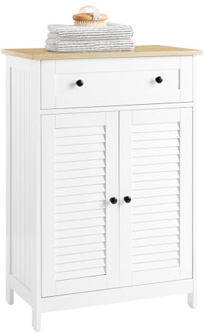 SoBuy Badezimmerschrank Kommode – Vielseitiges Badmöbel mit Schublade, feuchtigkeitsbeständig – Platzsparender Schrank für Bad, Flur, Küche aus Holz, Weißnatur, 60x87x35cm, FRG238-WN