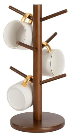 Mug Tree 6 Mugs, Wood Mug Holder Coffee Cup Holder, Mug Rack Tabletop Holder with Thickened Base, Cup Stand for Tea Coffee Cup Mug Hooks (Brown)