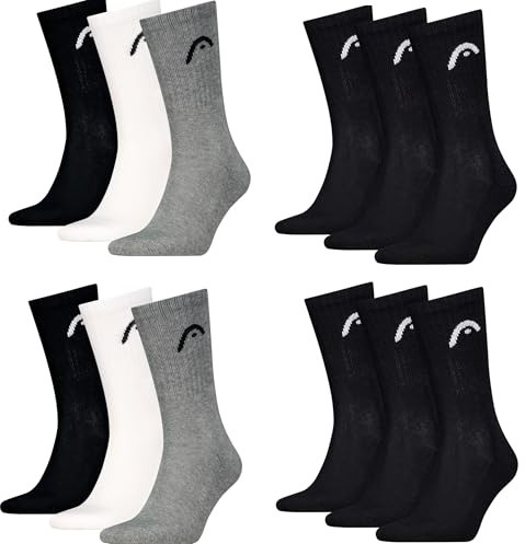 HEAD Herren Damen Sportsocken Crew Style im 12er Pack (43-46, Schwarz/Schwarz/Weiß/Grau)