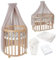 Waldin Oval Baby-Bett Mitwachsend Komplett Set 7in1, Gitterbett, Kinderbett mit Matratze, Wickelkommode, Beistellbett, Holz Natur, Stoffe Taupe Zweige