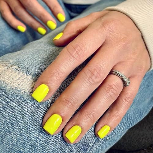 SXVME Yellow Press on Nails Short Square Acrylic Short False Nails Coffin Natural Acrylic Fake Nails Set Elegant Solid Color Full Cover Glossy Gel Stick on Nail for Women Daily Wear 24 Pcs