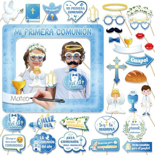 DPKOW Azul Photocall Comunión Niño 30pcs Accesorios Photocall Comunión Foto Props + Marco de Fotos Hinchable Comunión Niño Primera Comunión Accesorios Decoración Cotillón Fiestas Comunión Niño