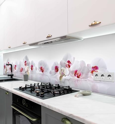 MyMaxxi Küchenrückwand Folie selbstklebend matt - einfache Montage ohne Bohren 0,4mm stark Versteift - Motiv Orchidee Weiß 60cm hoch - Spritzschutz Küche Klebefolie - Blume weiß rot 340 x 60cm