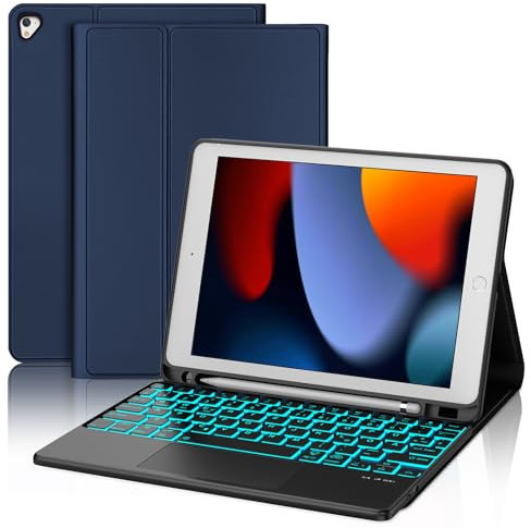 JADEMALL iPad 6. Generation Hülle mit Tastatur, Tastatur Hülle mit Touchpad und Stifthalter für iPad 5. Generation 2017, Pro 9.7 Zoll, Air 2 & 1, QWERTZ Layout, Schwarz