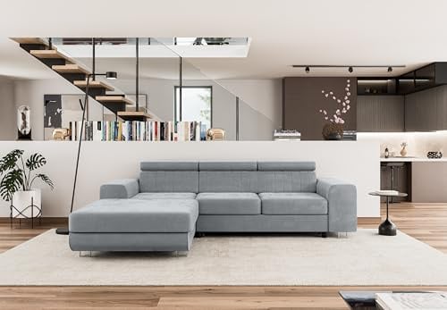 COMFORTINO FURNITURE Ecksofa mit Schlaffunktion NOTA L-Form, Sofa Couch mit Bettkasten, Eckcouch, Schlafsofa für Wohnzimmer, Big Sofa Couch mit Schlaffunktion (Hellgrau, Ottomane Links)