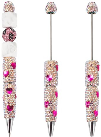 Spritewelry 2 Pcs Glitter Beadable Pens Bling Rhinestone Ballpoint Pen Shaft Heart Diamond Crystal Rollerball Pen for DIY Personalized Pen Office School Supplies Fuchsia