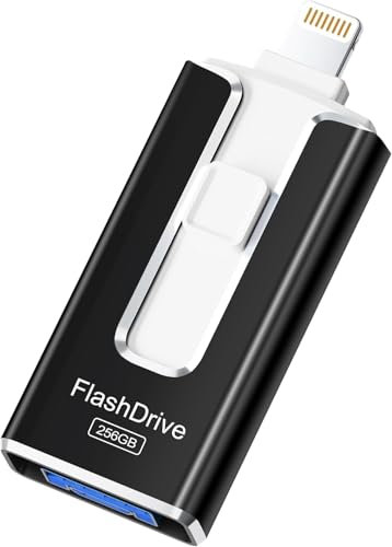 Chiavetta USB 256GB per iPhone, certificata MFi, con Lightning, Type A, Type-C e micro USB, compatibile con iPhone, iPad, Android e PC, USB 3.0 veloce, espansione di foto, documenti e video,Nero