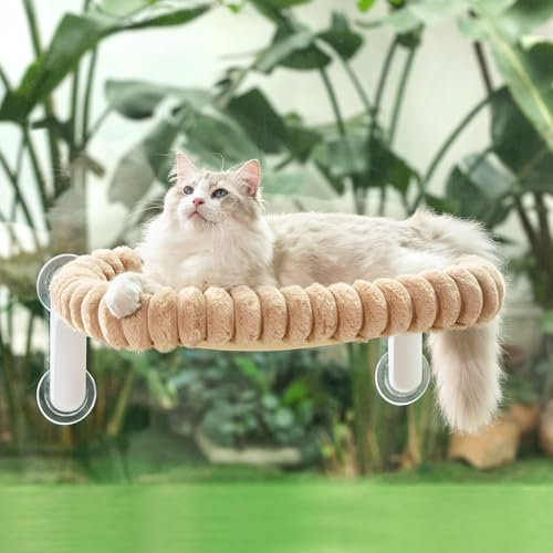GUUSII HOME Cat Window Bed Perch Foldable Suction Cup Window Sill Hammock for Indoor Large Cats Windowsill Hanging Kitten Seat Shelf with Soft Plush Cushion Machine Washable 54 * 30cm (Light Camel, M)