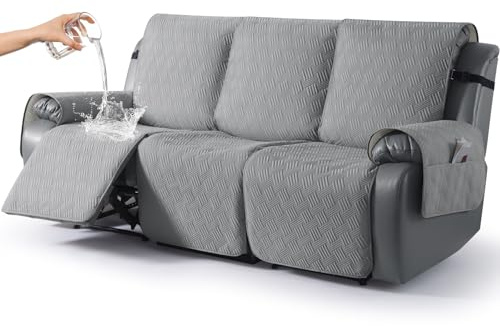 KinCam Wasserdichter sesselschoner, Fernsehsessel sesselschoner für relaxsessel mit Tasche, elastischen Bändern, Anti-Rutsch weich waschbar Sofa 3 Sitzer bezug für Kinder, Haustiere Hellgrau