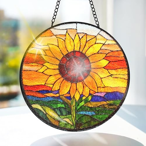 Bimkole Sonnenblume Buntglas Sonnenfänger Fensterschmuck hängend - Sonnenuntergang Fensterdeko Hängend - für Garten, Fenster und Tür, Weihnachten, Handgefertigter Sonnenfänger Dekor 20x20 cm