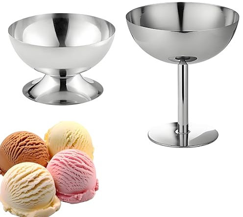 Bssowe 2 Stück Edelstahl Dessertschale Mit Fuß, Dessertbecher Mit Fuß, Eisbechern Aus Edelstahl, Metall-Dessertschüssel, Mit Fester Und Rutschfester Griff, Für Kuchen, Eiscreme, Joghurt Servieren