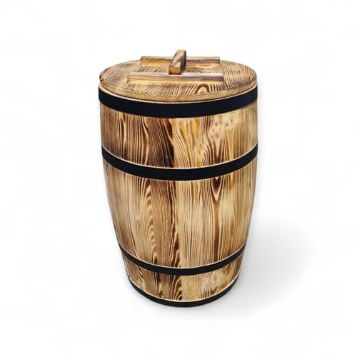 Holzfass mit Deckel und Metallreifen – Aus gebranntem Holz im Vintage-Stil – Rustikales Fass für Garten, Regenwasser oder Deko 135 Liter