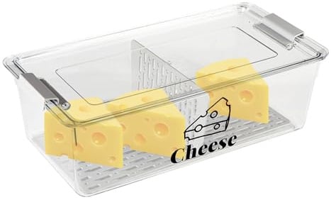 ZoeQide Caja para queso para nevera grande con función de escurridor y divisor, 32,5 x 16,6 x 10,2 cm, caja para queso con tapa, sin BPA, con rejilla para guardar quesos y salchichas, transparente