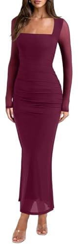 REORIA Long Sleeve Wedding Guest Maxi Dresses for Women Sheer Mesh Square Neck Ruched Bodycon Long Dress Fall Outfits