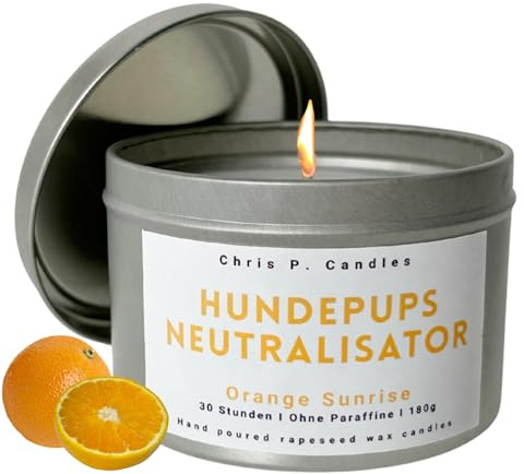 Chris P. Candles Duftkerze mit Spruch Hundepups Neutralisator – Rapswachs, 180g, 30h – lustiges Geschenk für Hundeliebhaber, Freundin, Kollegen – wiederverwendbare Dose (Zitrusfrüchte)