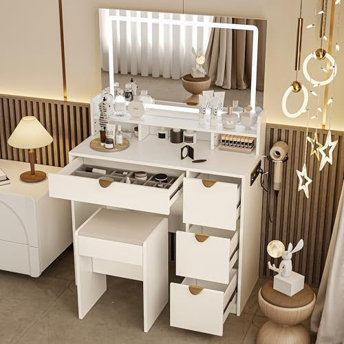 MINGZHE Coiffeuse, 90 x 40 x 140 cm, avec éclairage LED Tricolore, Ports USB et Tabouret rembourré, Meuble de Toilette, Miroir cosmétique, Armoire à Miroir, MDF, Blanc