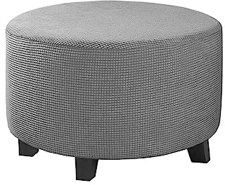 qifeiza Runde Ottoman Bezug, Elastische Polsterhocker Abdeckung, Anpassbarer Pouf Bezug aus Flauschigem Stoff, Umweltfreundlich, Für Kinder & Haustiere Sicher(Hellgrau, Large)