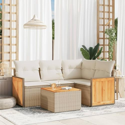 RMIHSJG Ensemble de canapé de jardin 5 pièces avec coussins beige en polyrotin - Design modulaire - Rembourrage confortable - Groupe de sièges en rotin synthétique résistant aux intempéries - Bois