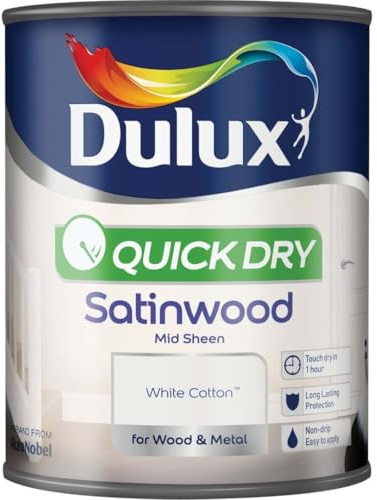 White Cotton Quick Dry Satinwood Paint 750ml | Interior Wood and Metal Paint | Durable Mid Sheen Finish | Fast Drying Trim Paint for Doors Skirting Boards Cupboards and Furniture